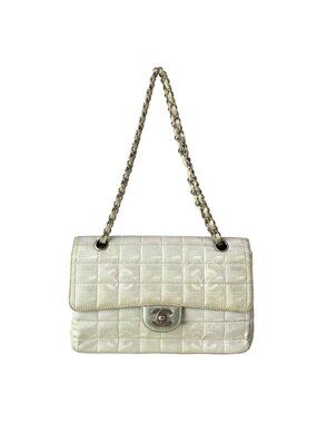 Chanel Shoulder Bag New Travel Line Choco Bar Silver White Chain Leather